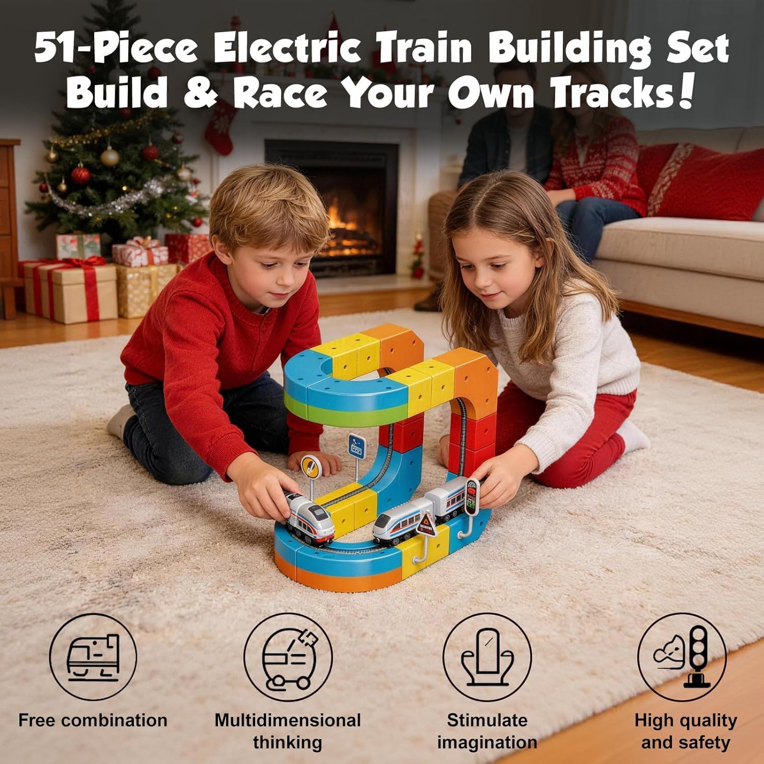 DIY Cube Track Magic Rail Train Set,Educational Building Track Toy for Kids Ages 3+(51 Pcs Block Set)