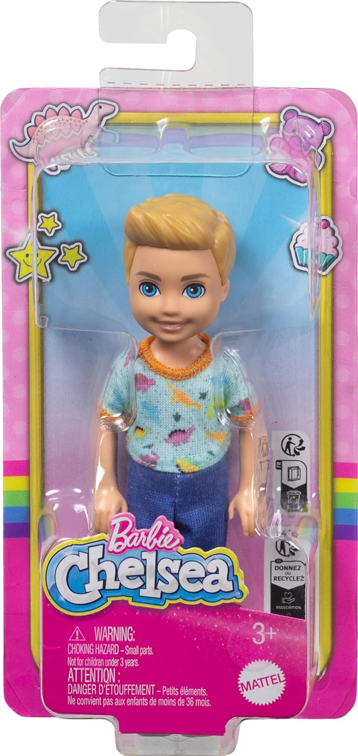 Barbie Chelsea Doll, Small Boy Doll Wearing Removable One-Piece with Dinosaur Print & White Shoes, Blond Hair & Blue Eyes
