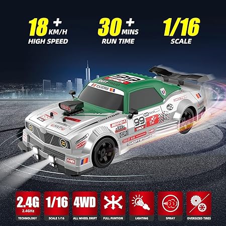 1:16 RC Drift Car 4WD | High-Speed Remote Control Racing Car with Spray & LED Lights