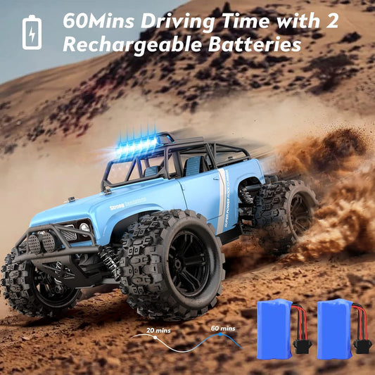 1:18 Scale Remote Control Car, 40 KM/H High-Speed Monster Truck for Boys Adults, LED Light 4WD All Terrain RC Truck with 2.4 GHz Remote Control, 4x4 Waterproof Off-Road Truck with 2 Batteries