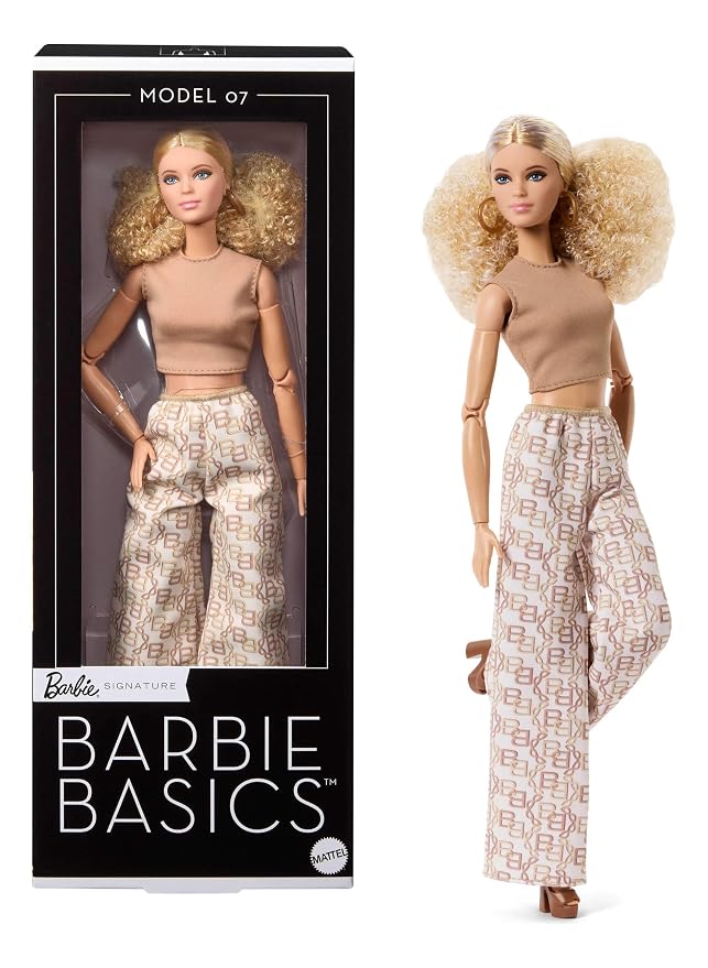 Barbie Basics Model Collector Fashion Doll 07 with Blonde Hair & White Print Pants, Universal-fit Fashions & Posable Body