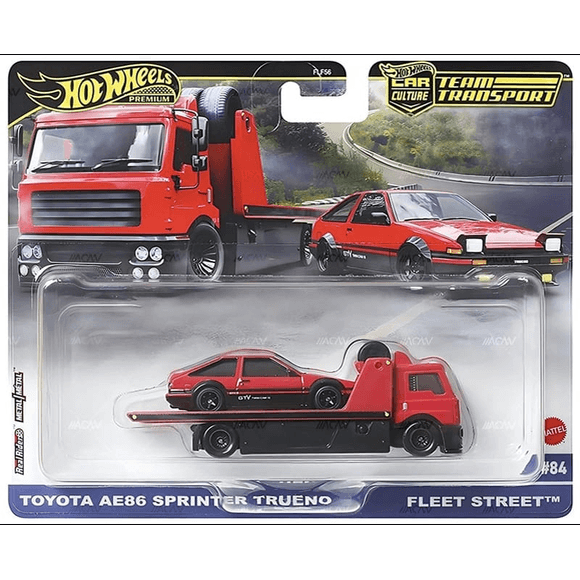 Cocoland Toyz Toyota AE86 Sprinter Trueno loaded on Fleet Street transport truck  in Red premium die-cast vehicle set
