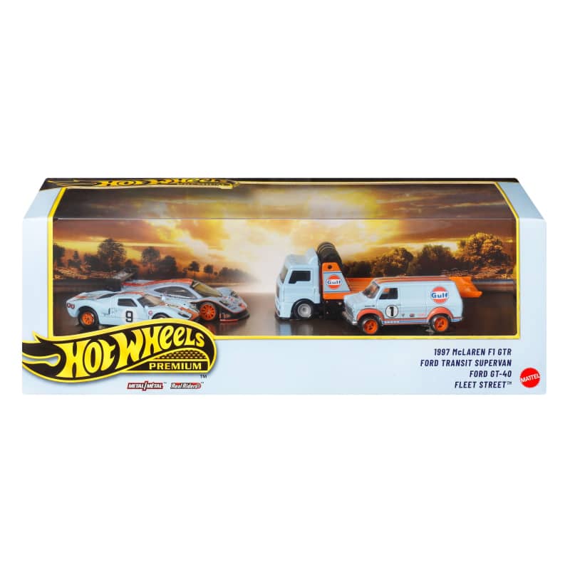 Hot Wheels Premium Gulf Set 1997 McLaren F1 GTR, Ford Transit Supervan, and Fleet Street Transport Truck.