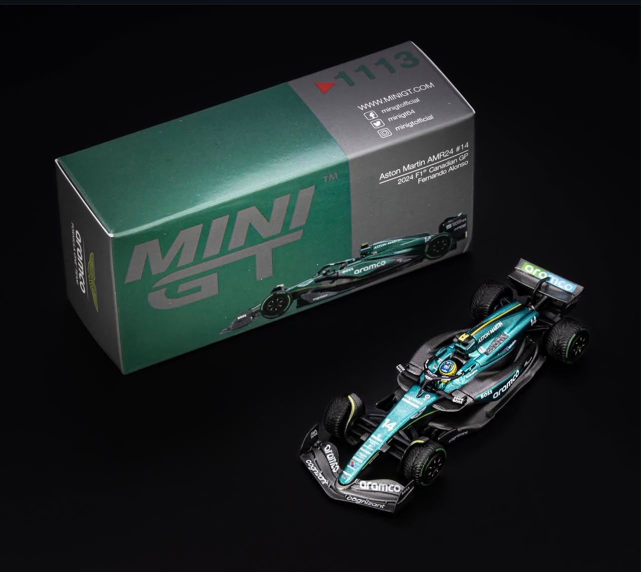 MINI GT #1113: Aston Martin AMR24 #14 Fernando Alonso F1 2024 1:64 Scale Die Cast Car