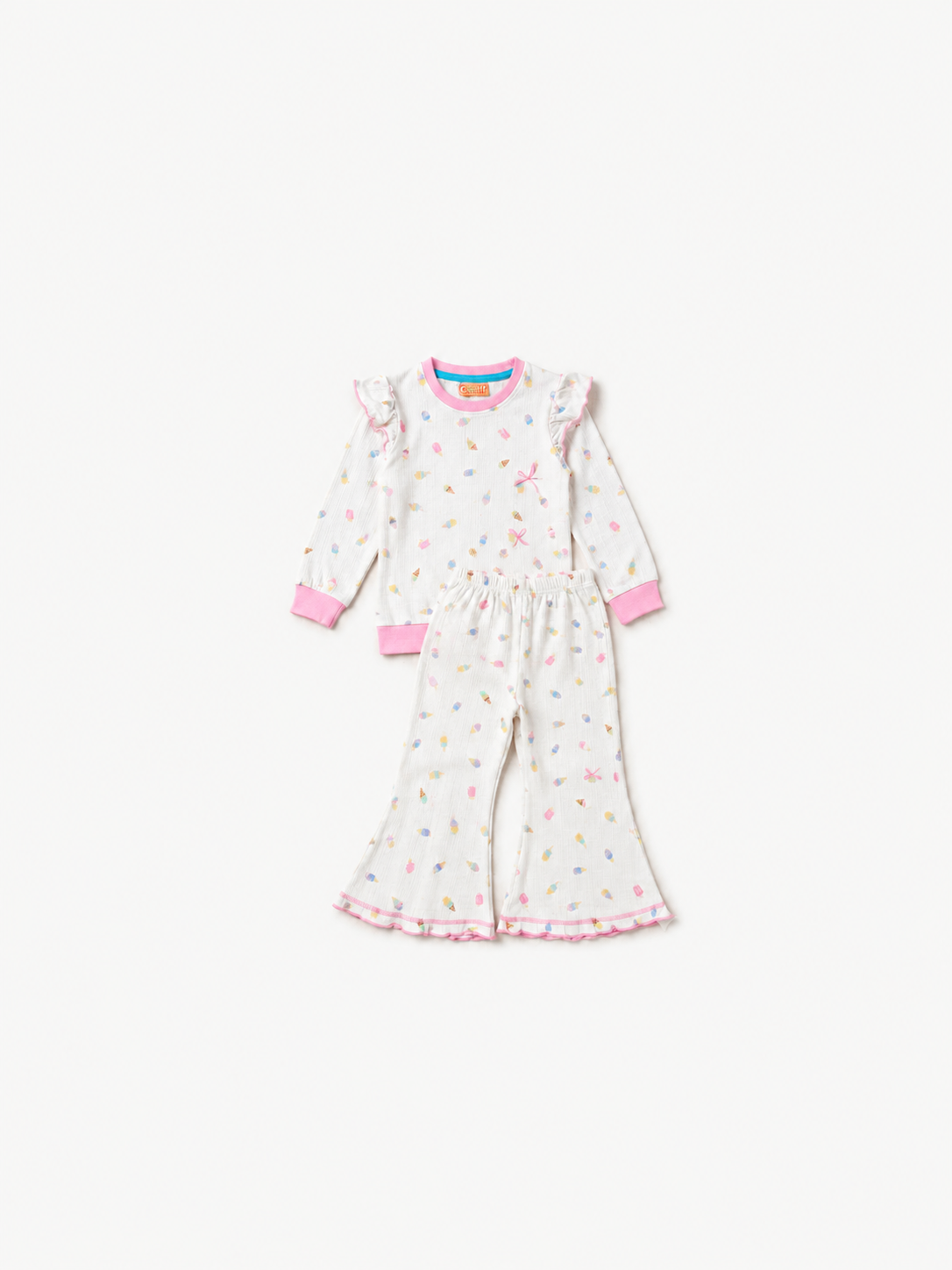 Ice Cream Print Ribbed Ruffle Pajama Set