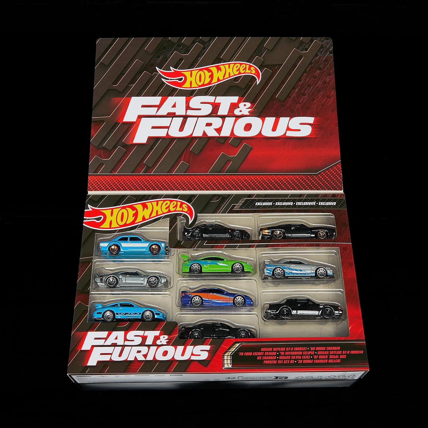 Hot Wheels Cars, Fast & Furious 10-Pack of 1:64 Scale Iconic Cars from The Fast Movies, 2 Exclusive Models, Elevated Deco Execution