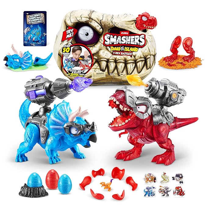 ZURU SMASHERS Dino Island T-Rex Battles (Red Version) By Zuru 50+ Surprises Boys Collectible Dinosaur T-Rex Triceratops Surprise Slime Sand Compounds Discovery