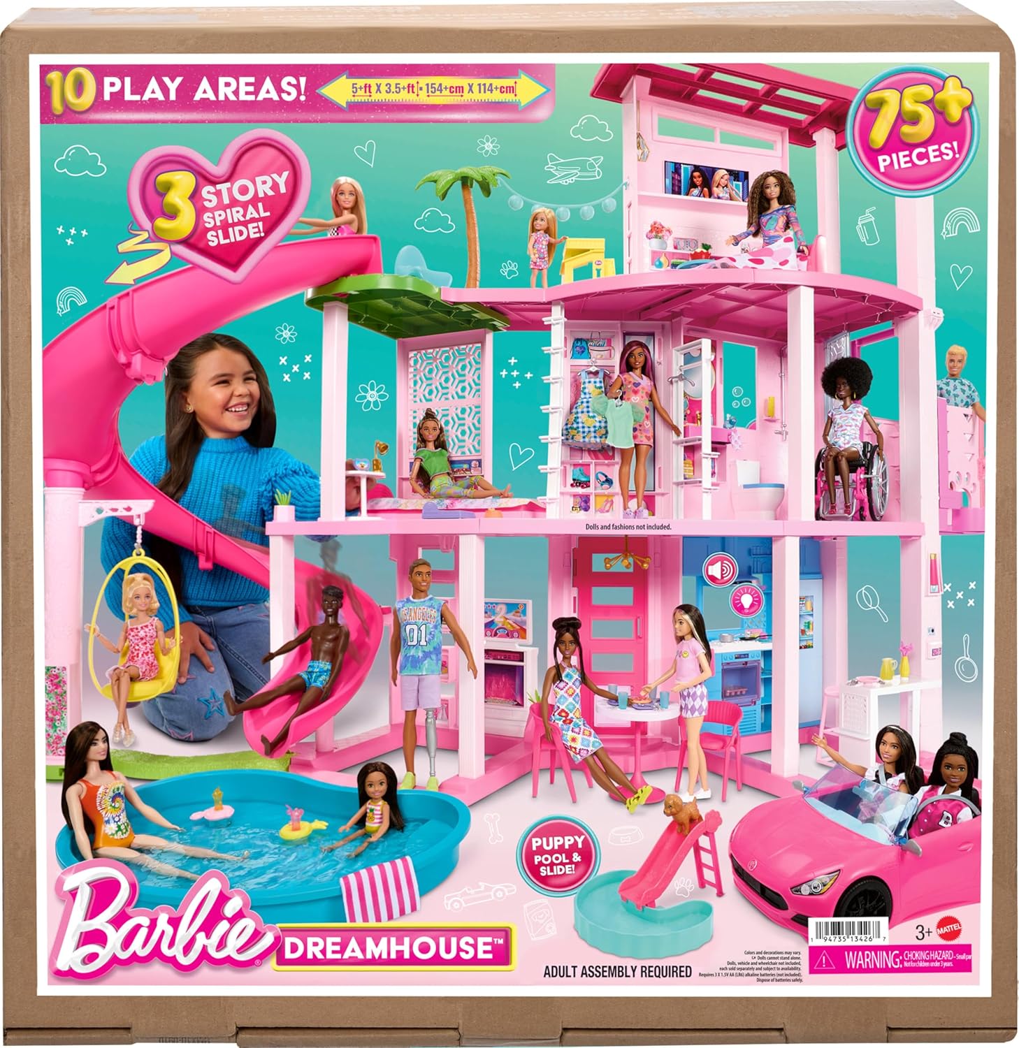 Barbie Dreamhouse, Pool Party Doll House with 75+ Pieces and 3-Story Slide, Pet Elevator and Puppy Play Areas