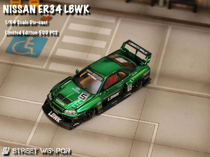 Street Weapon LBWK Nissan Skyline ER34 R34 Green Chrome 1:64 Scale Model