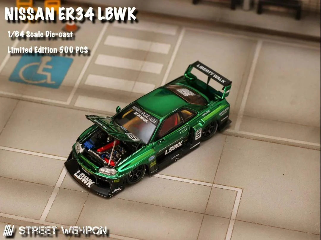 Street Weapon LBWK Nissan Skyline ER34 R34 Green Chrome 1:64 Scale Model