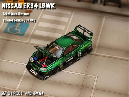 Street Weapon LBWK Nissan Skyline ER34 R34 Green Chrome 1:64 Scale Model