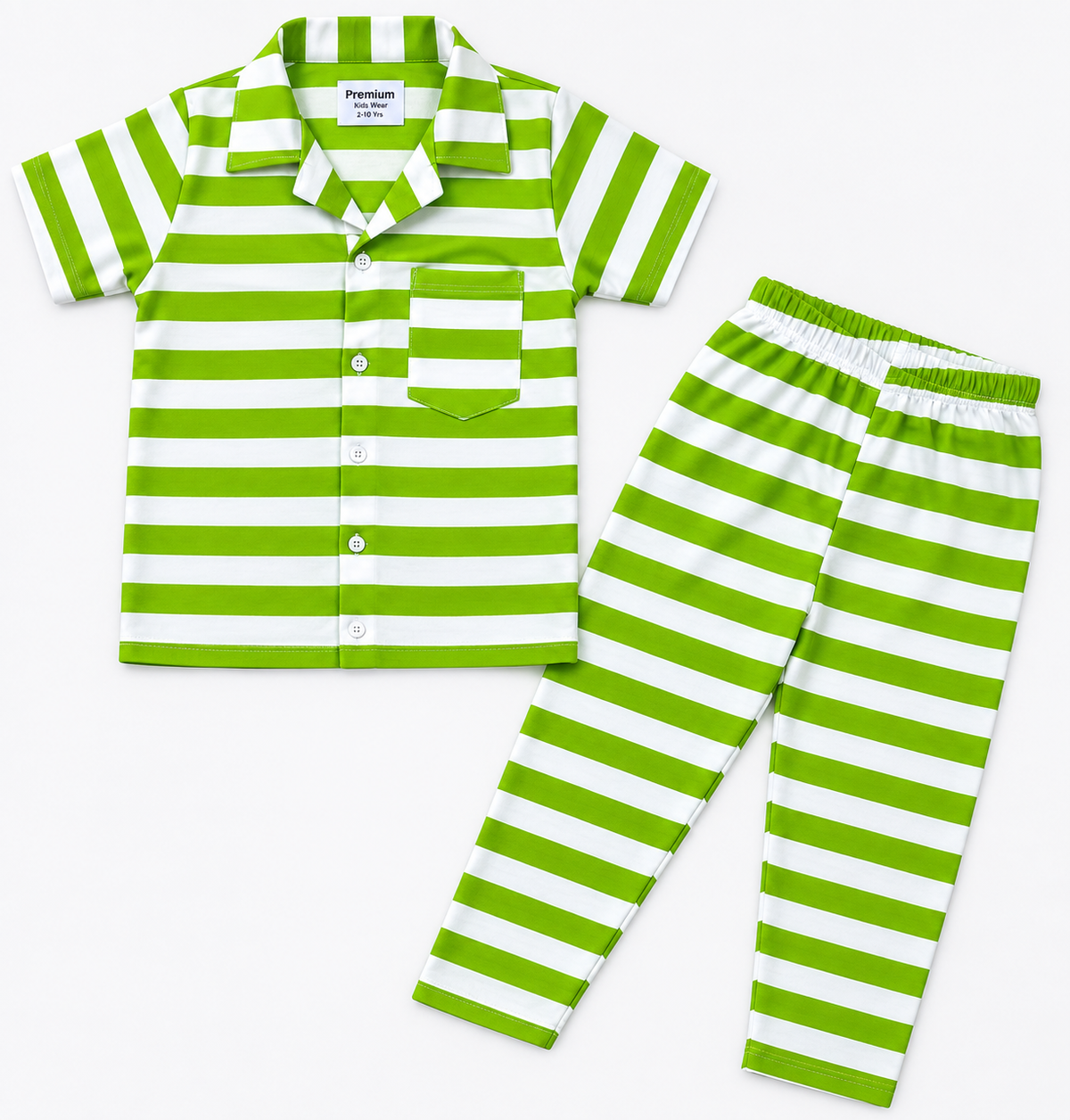 Premium Lime Green and White Striped Kids Pajama Set
