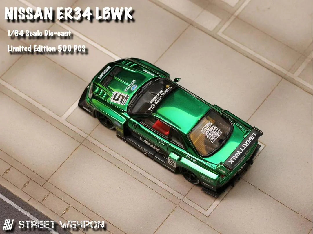 Street Weapon LBWK Nissan Skyline ER34 R34 Green Chrome 1:64 Scale Model
