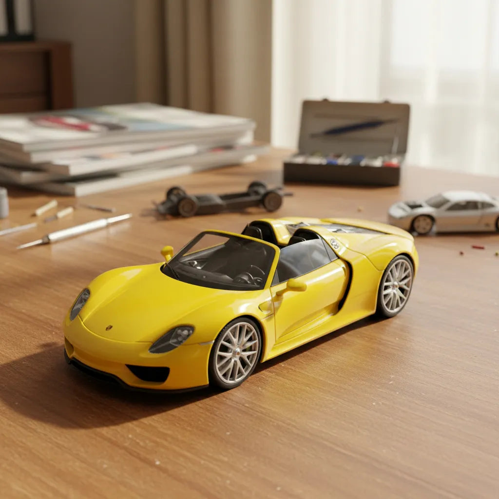 Cocoland Toys Welly Porsche 918 Spyder 1:24 scale yellow diecast model front three-quarter view