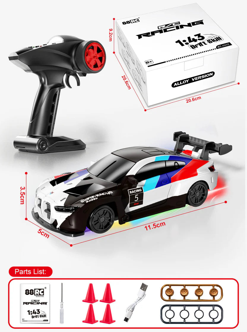 88RC RC43-B3 1/43 4WD Drift RC Car with Gyro & Alloy Body – RTR Mini Racing Car (18km/h, LED Lights)