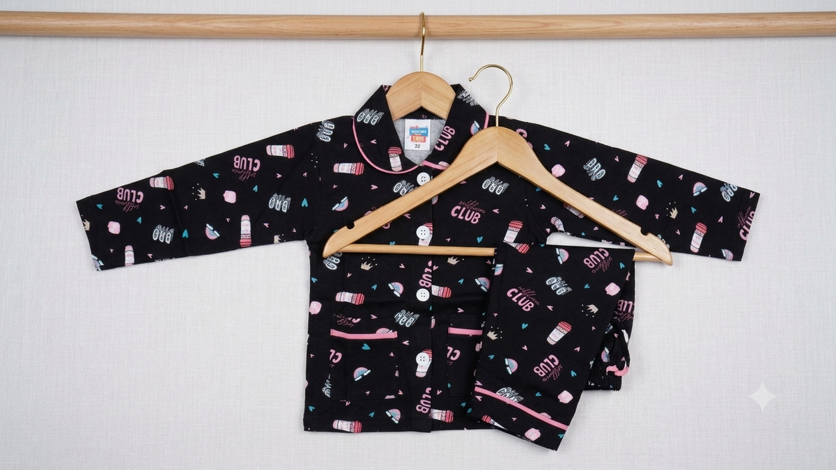 Kids Printed Full-Sleeve Cotton Night Suit Set (Black)