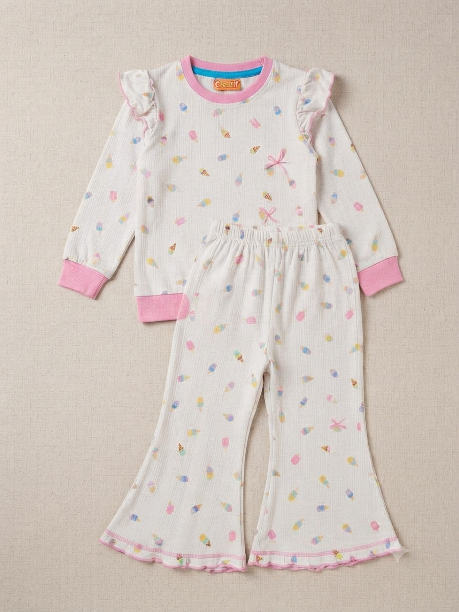 Ice Cream Print Ribbed Ruffle Pajama Set