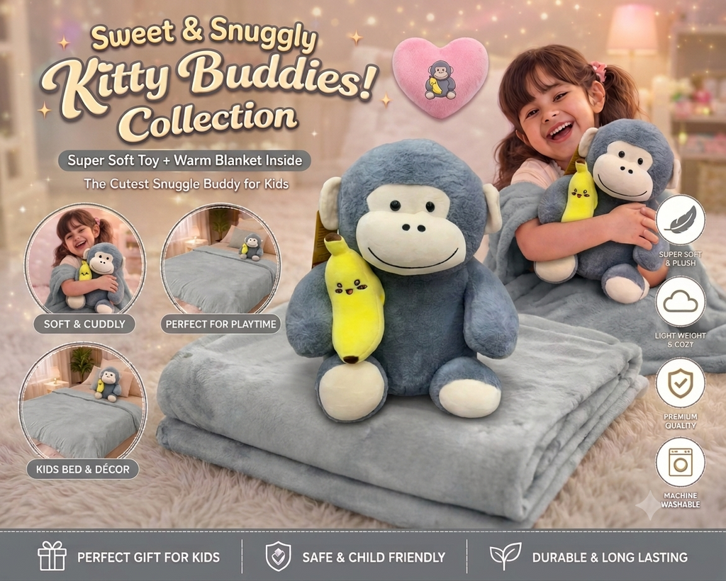 Sweet & Snuggly Kitty Buddies Collection – Grey Monkey Plush with Warm Blanket