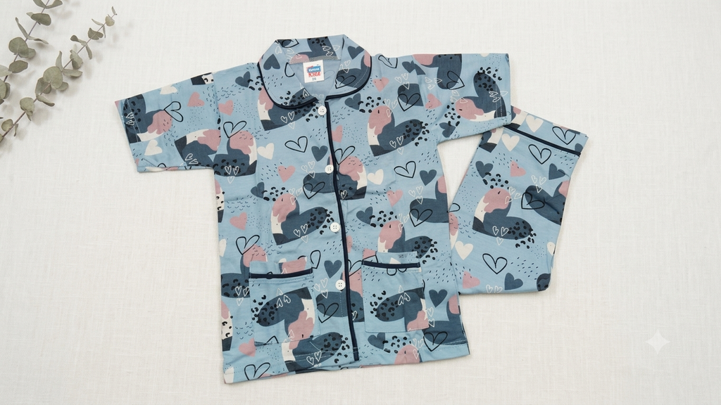 Kids' Sky Blue Heart Printed Cotton Night Suit Set
