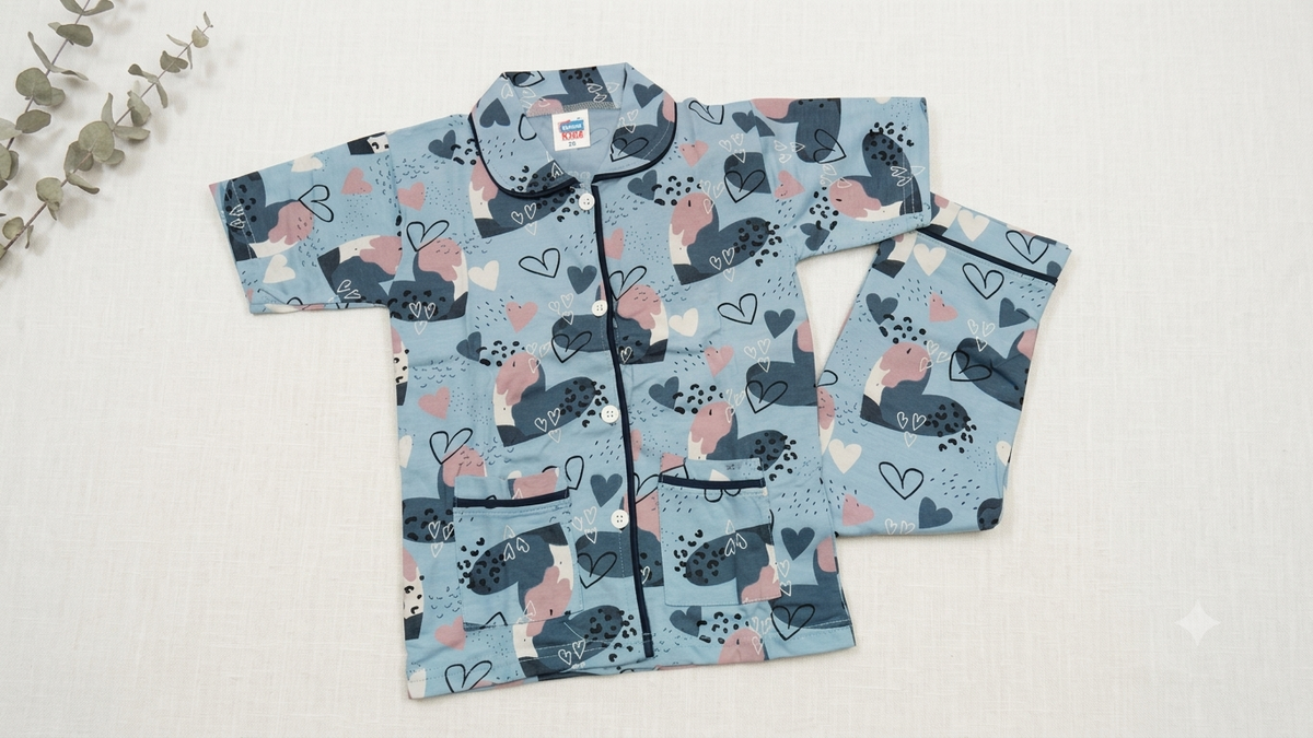 Kids' Sky Blue Heart Printed Cotton Night Suit Set