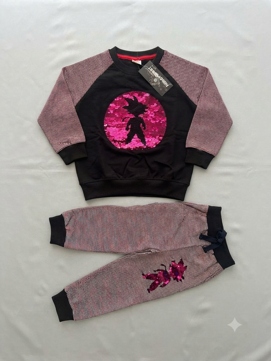 Kids Anime Sequin Tracksuit Set – Goku Inspired Sweatshirt & Striped Joggers