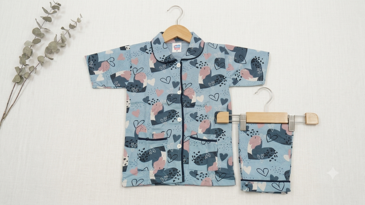 Kids' Sky Blue Heart Printed Cotton Night Suit Set