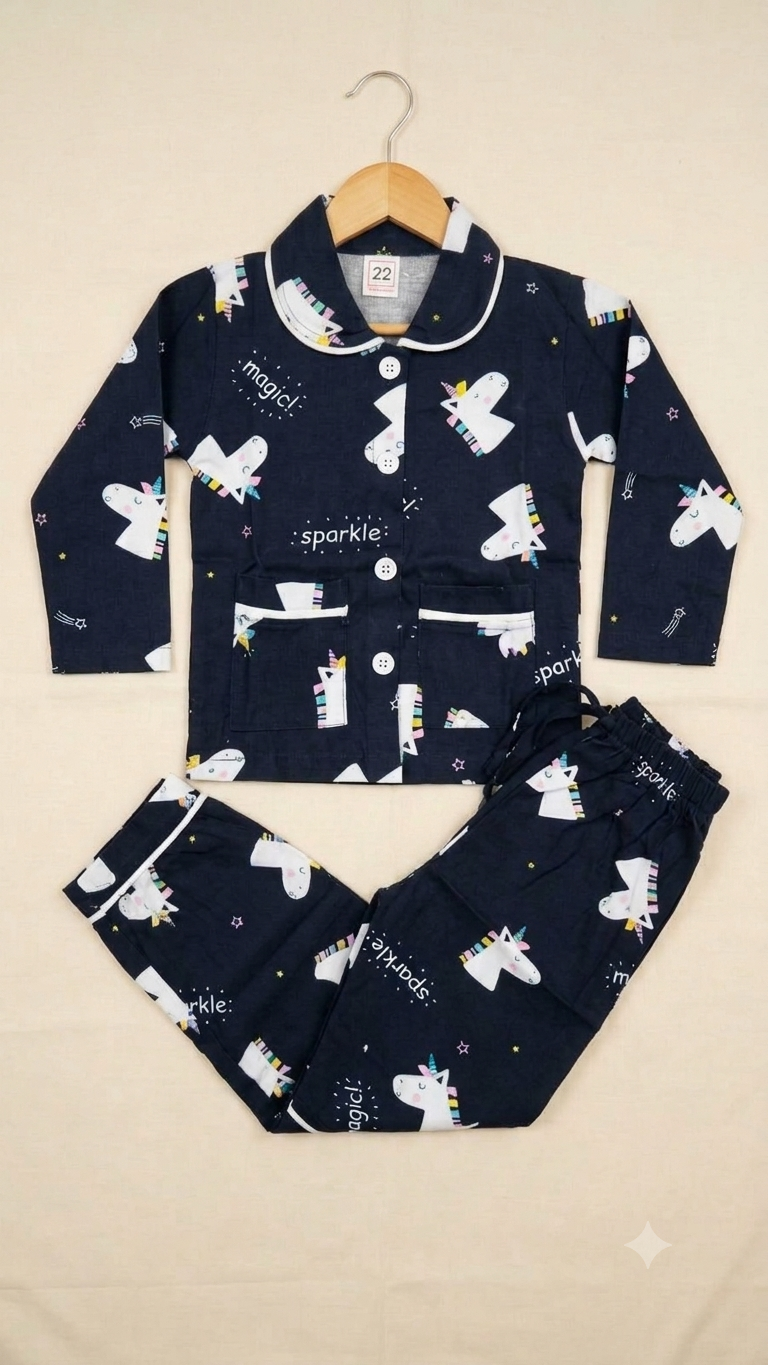 Navy Blue Unicorn Magic Kids Night Suit Set