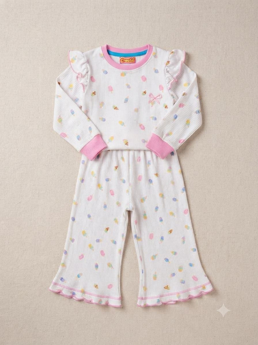 Ice Cream Print Ribbed Ruffle Pajama Set