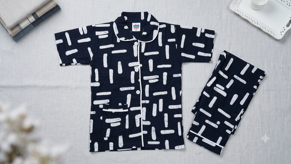 Abstract Print Cotton Night Suit Set – Navy Blue & White