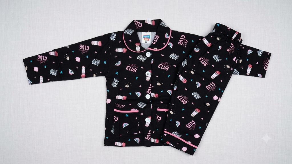 Kids Printed Full-Sleeve Cotton Night Suit Set (Black)