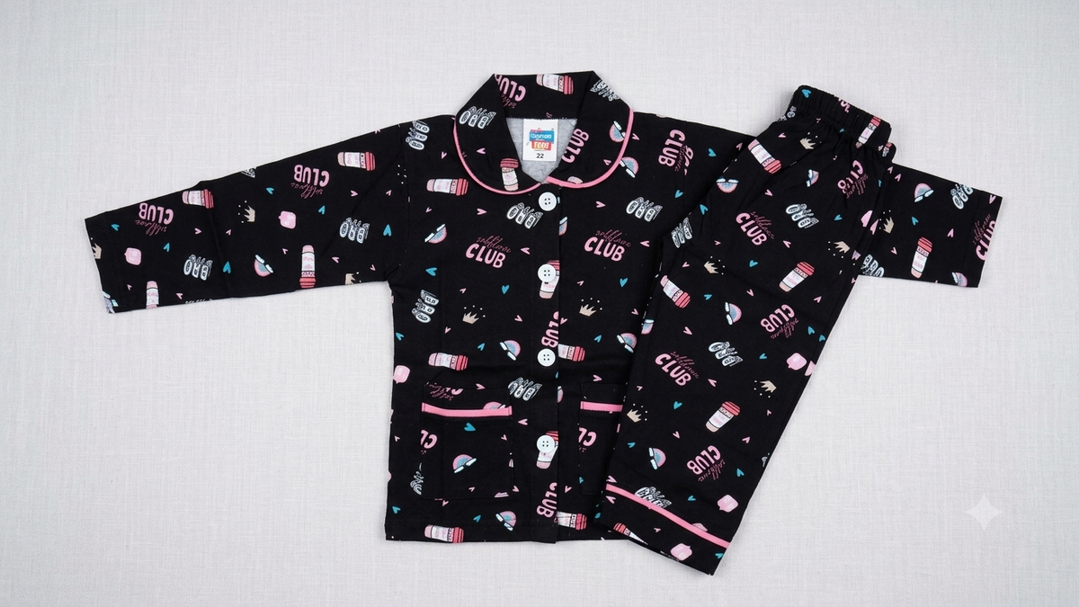 Kids Printed Full-Sleeve Cotton Night Suit Set (Black)