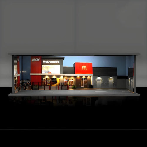 Cocoland Toys 1:64 scale McDonald's diorama display with LED lighting for die-cast cars front view