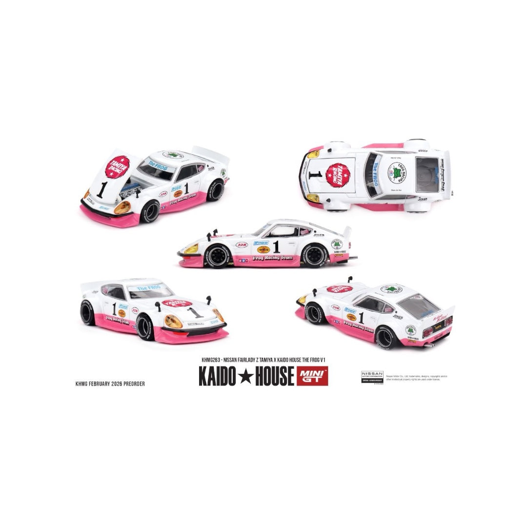Kaido House x Mini GT 1:64 Nissan Fairlady Z Tamiya x Kaido House The Frog V1 – White/Pink