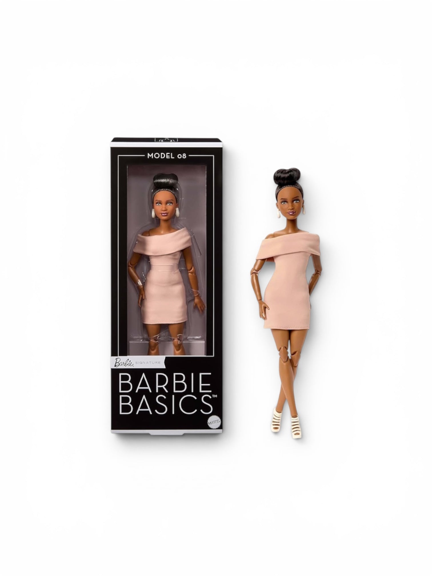Barbie Basics Model Collector Fashion Doll 08 with Brunette Hair in Tan Dress & Strappy Heels