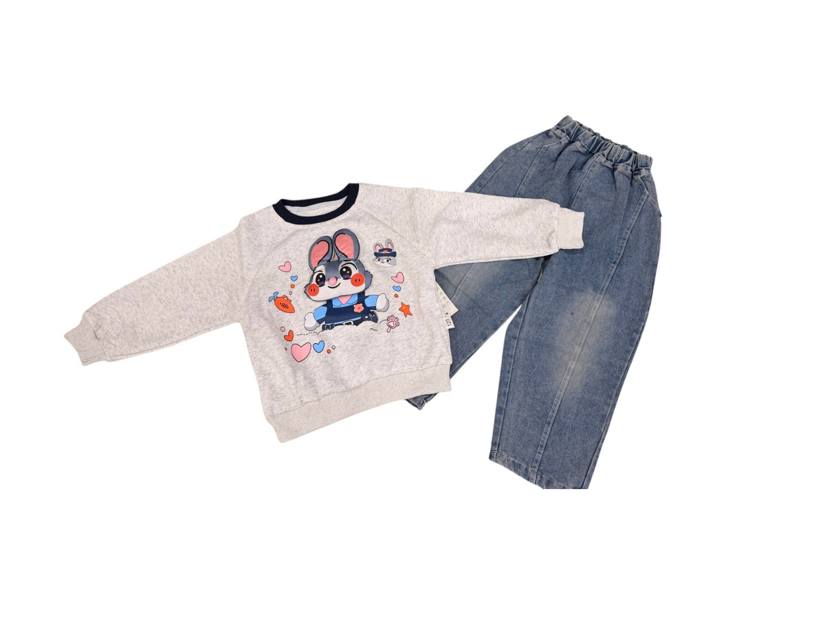 Cute Toddler Bunny Graphic Sweatshirt & Denim Jeans Set