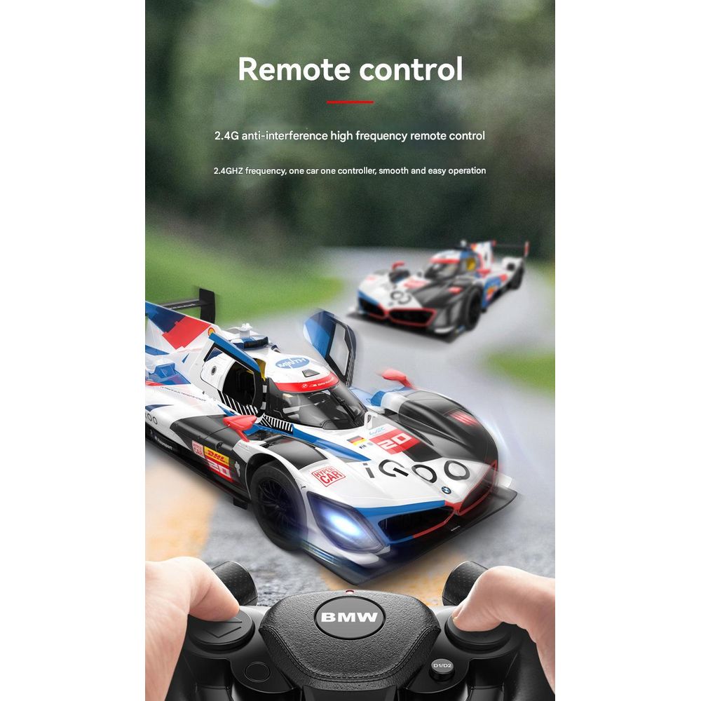BMW M Hybrid V8 RC racing car driving on road with realistic motorsport livery Cocoland Toys