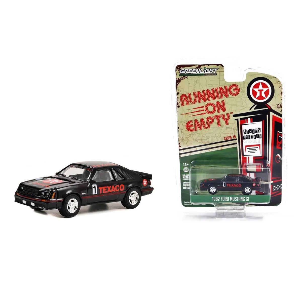 Greenlight 1:64 Scale Collectibles 1982 Ford Mustang GT #1 Texaco model from the "Running on Empty" Series 15