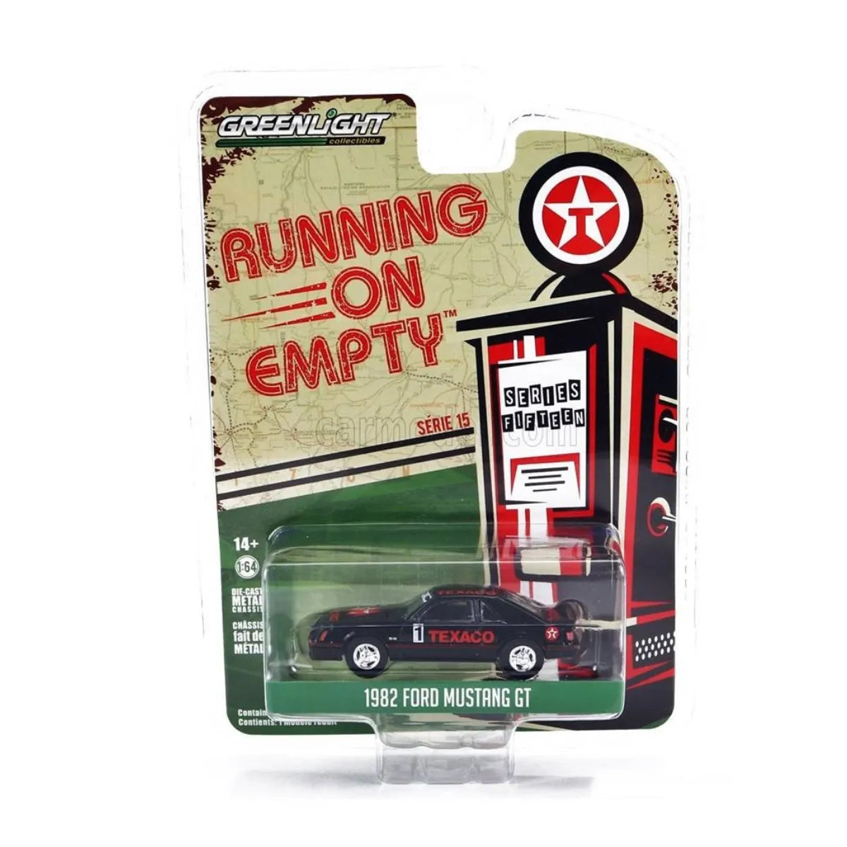 Greenlight 1:64 Scale Collectibles 1982 Ford Mustang GT #1 Texaco model from the "Running on Empty" Series 15