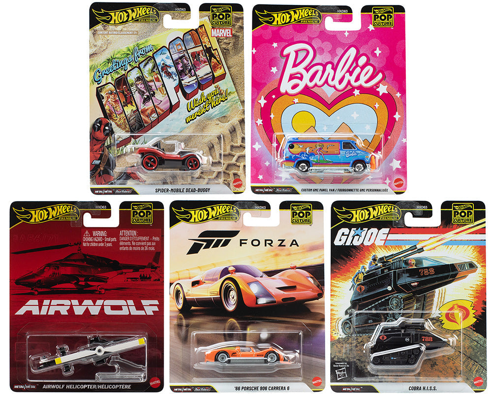 Cocoland Toys Hot Wheels Premium Pop Culture 2026 Set of 5 featuring Barbie, Marvel, Forza, G.I. Joe and Airwolf collectible die-cast vehicles