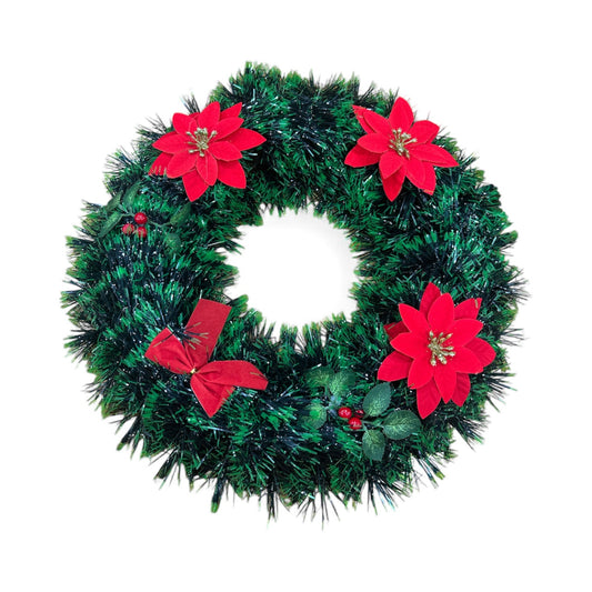Christmas Tinsel Wreath with Red Poinsettia Flowers