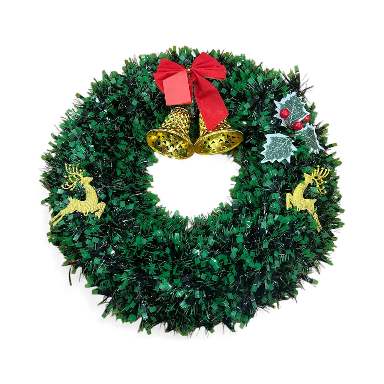 The wreath is primarily made of lush, dark green tinsel