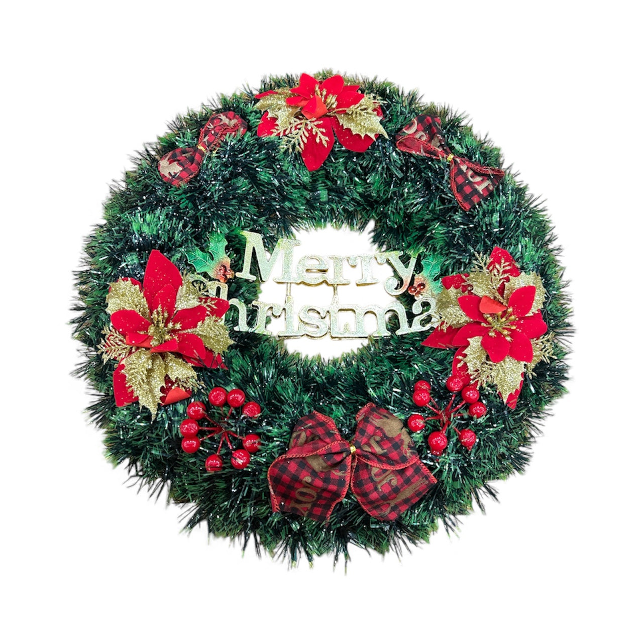 Green Tinsel "Merry Christmas" Wreath with Red and Gold Accents