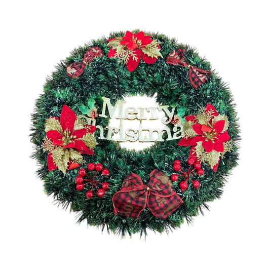Green Tinsel "Merry Christmas" Wreath with Red and Gold Accents