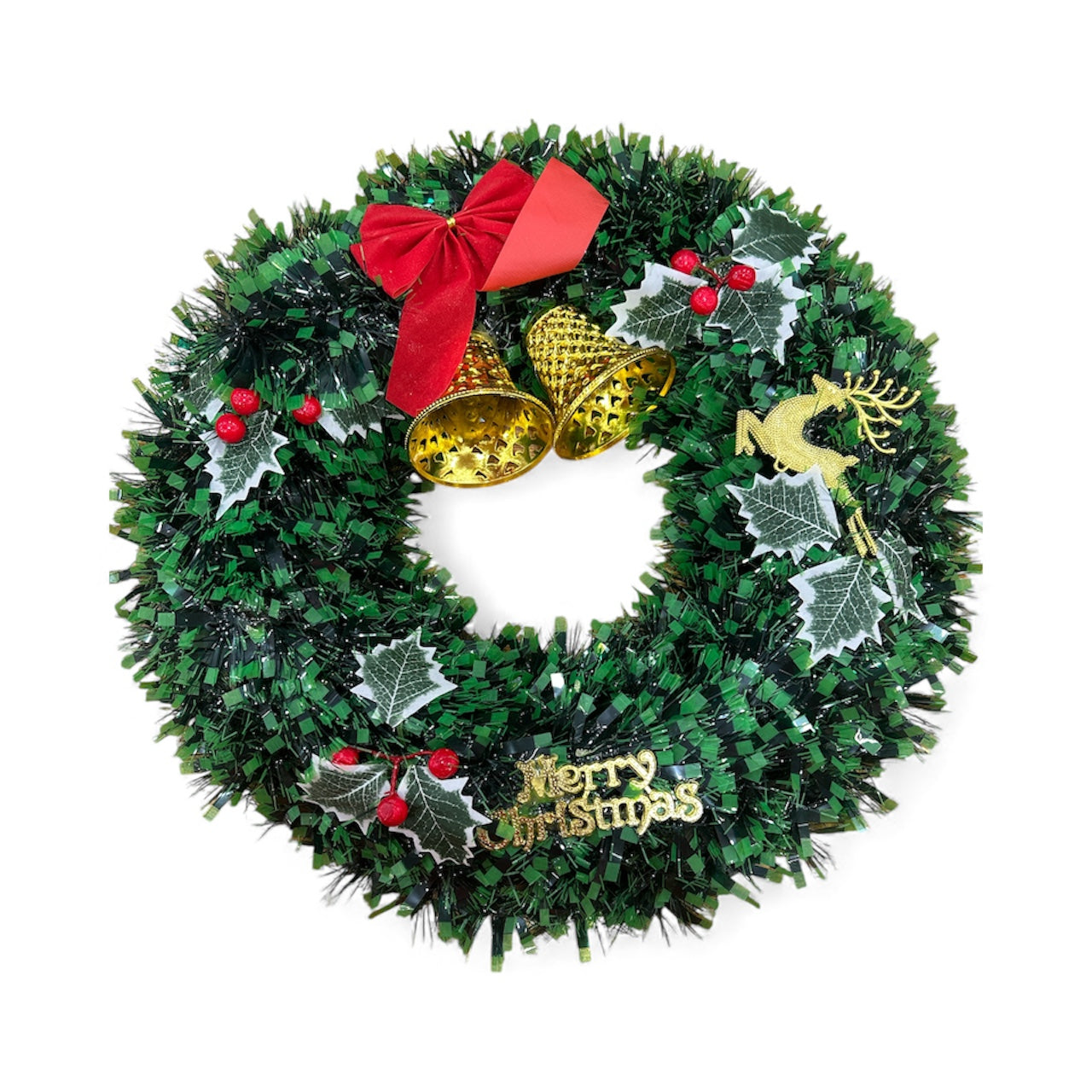 Itsy Bitsy Christmas Tinsel Wreath with Metallic Gold Finish, Holly Berries