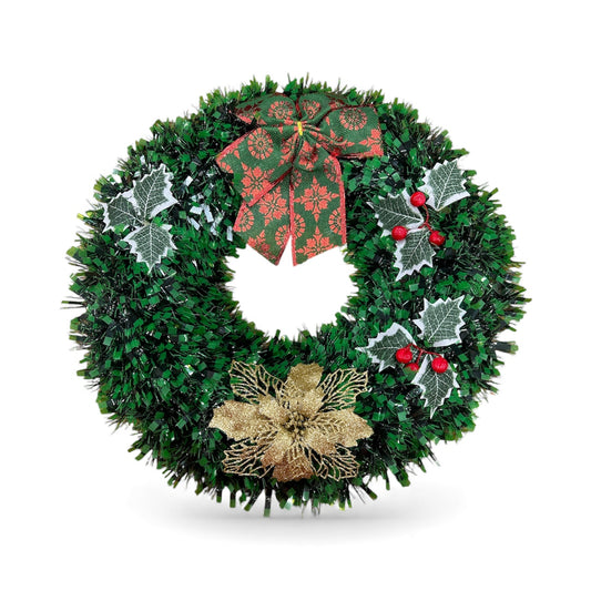 Green Tinsel "Merry Christmas" Wreath with Red and Gold Accents