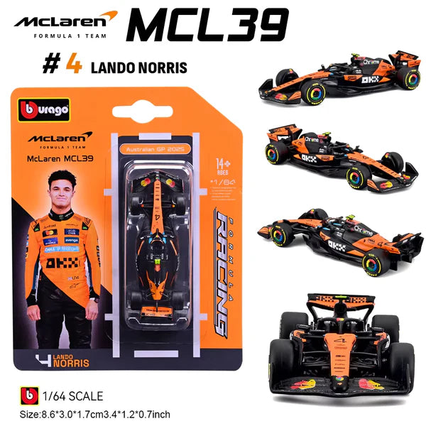 Official Bburago Formula Racing F1 Team 1:64 Diecast Scale Model - Mclaren MCL39 4 Lando Norris