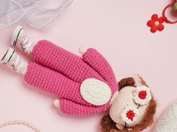 Crochet Doll Stuffed Handmade Small Pink Flower Design Frock Doll Birthday Gift Made By Vietnam