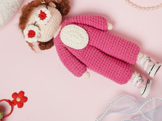 Crochet Doll Stuffed Handmade Small Pink Flower Design Frock Doll Birthday Gift Made By Vietnam