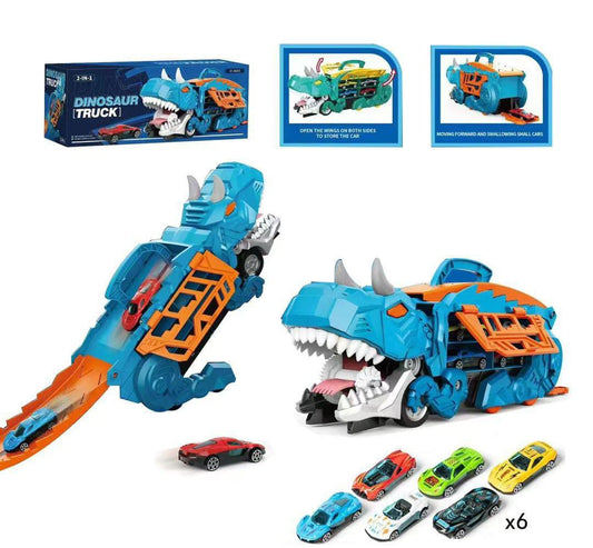 Dinosaur Track Truck Toys for Boys 3 4 5 6 7 8 Year Old - 2 Layer Transformed Dinosaur Transport Car Carrier Truck with 2 Diecast Race Cars