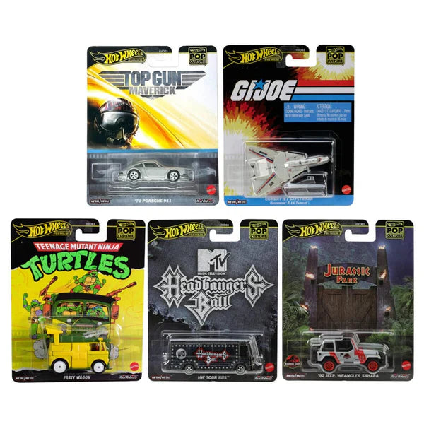 Cocoland Toyz Hot Wheels Pop Culture Set of 5 featuring Top Gun Maverick, G.I. Joe, TMNT, MTV Headbangers Ball and Jurassic Park collectibles